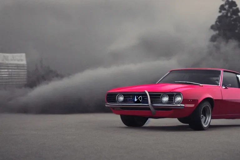 Image similar to audi camaro b 1 ( 1 9 6 9 ) drifting, phonk music background, smoke behind wheels, noise, dark, establishing shot, neon lines