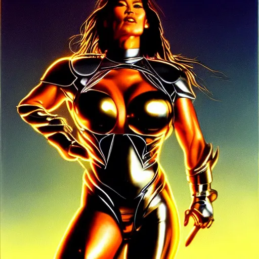 Prompt: tia carrere in cyber metal suit, atmospheric lighting, painted, intricate, golden hour, ultra detailed by alex ross