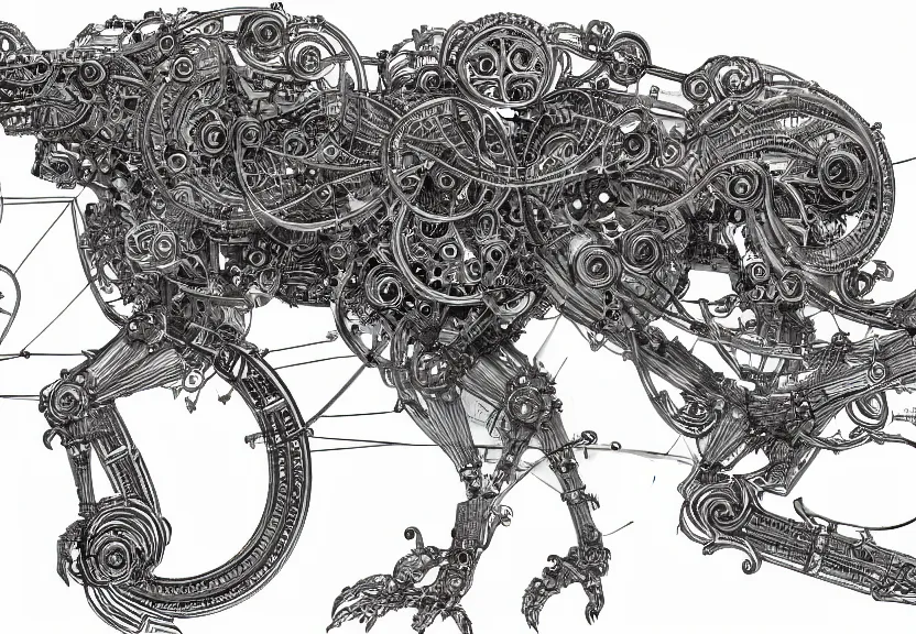 Image similar to 1 / 4 frame, schematic blueprint of highly detailed ornate filigreed convoluted ornamented elaborate cybernetic rat, full body, character design, middle of the page, art by da vinci