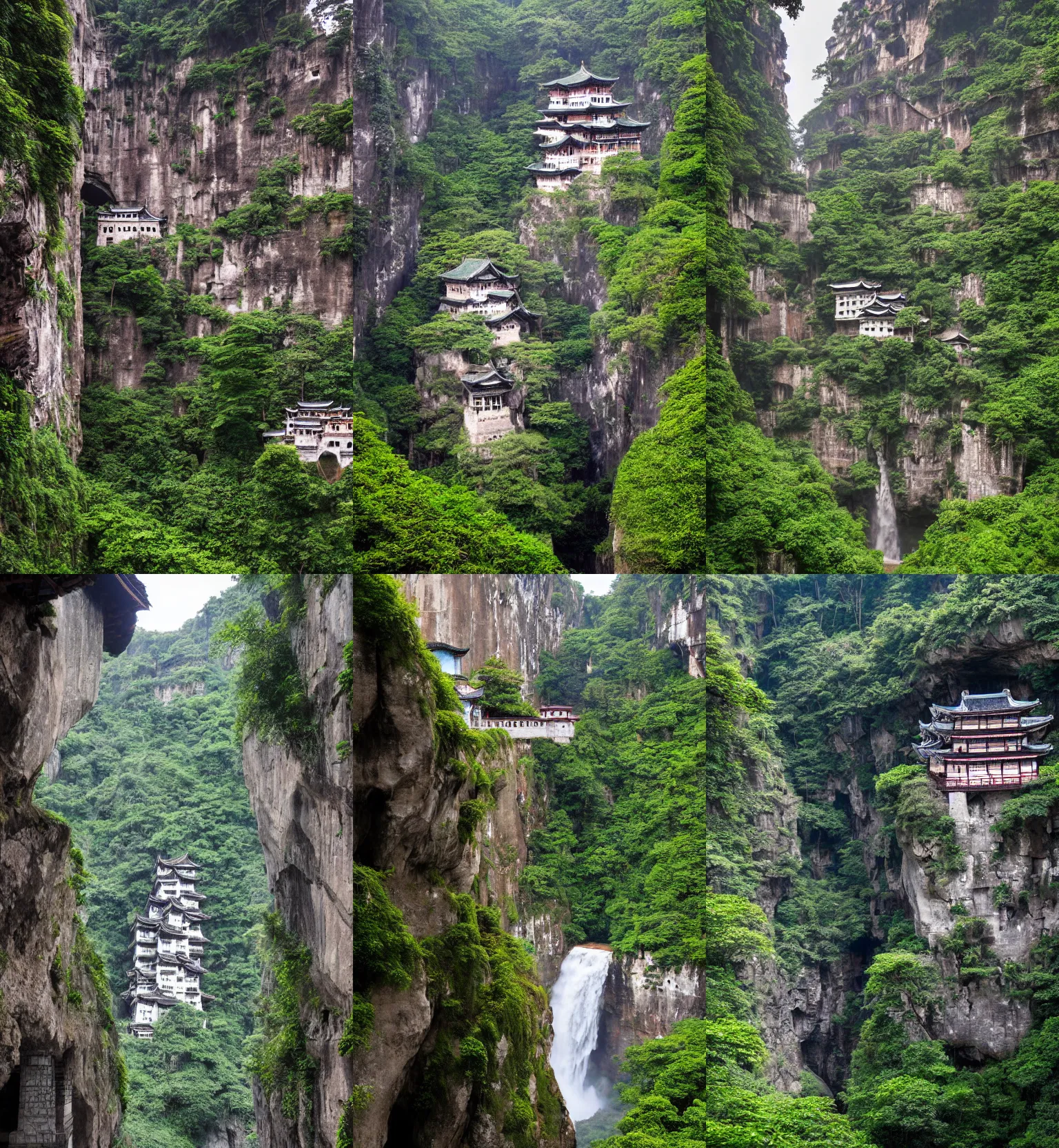 Prompt: establishing shot inside han son doong with waterfalls on either side of the cliff walls, a cloister is built into the cliff walls, at the top of the cliff is a japanese castle
