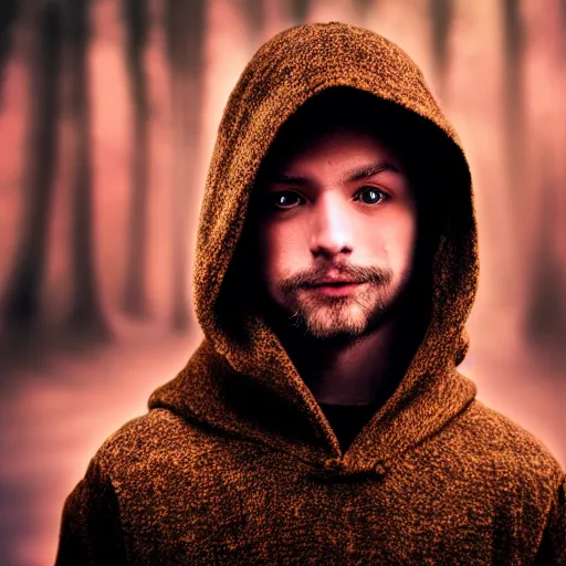 Image similar to portrait of a mysterious wizard with a Hood, bright eyes, fantasy, photorealistic, bokeh, magic lights, cinematic