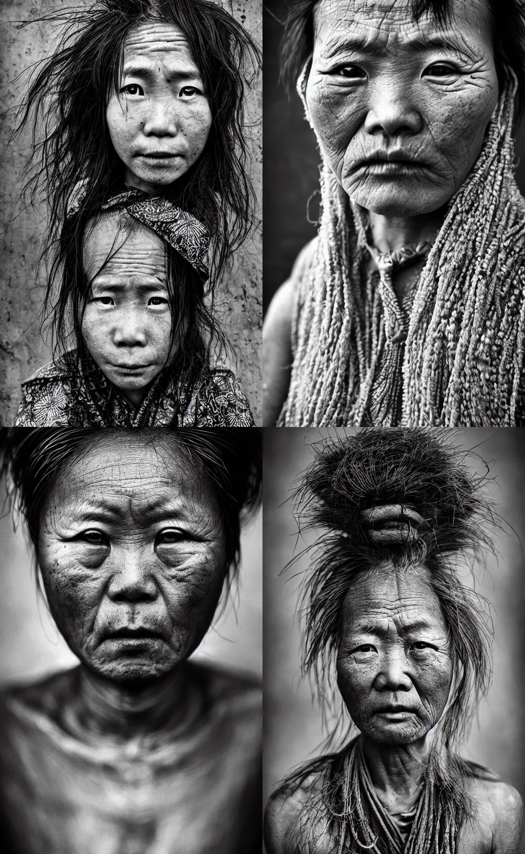 Prompt: Award winning Editorial photo of a Native Chinese with incredible hair and beautiful hyper-detailed eyes wearing traditional garb by Lee Jeffries, 85mm ND 5, perfect lighting, gelatin silver process