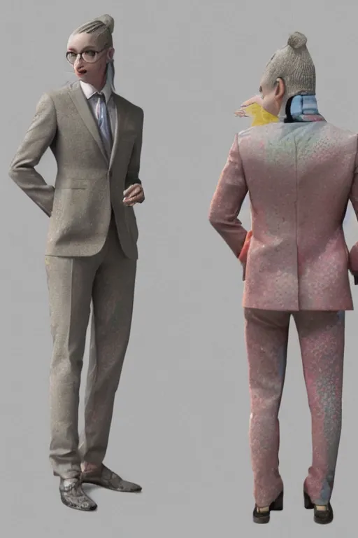 Prompt: a scene with a creature wearing a super detailed muted color diy! suit with fluo details, vivienne westwood!, detailed photoreal render octane render, pointillism, full body