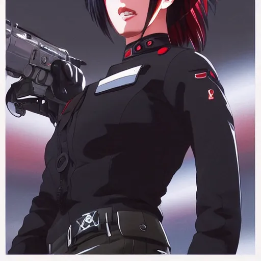 Image similar to manga girl in a black security uniform with red details, fine - face, margot robbie, realistic shaded perfect face, fine details. anime. realistic shaded lighting poster by ilya kuvshinov katsuhiro otomo ghost - in - the - shell, magali villeneuve, artgerm, jeremy lipkin and michael garmash and rob rey