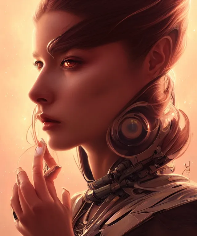 Image similar to futuristic woman portrait, sci-fi, amber eyes, face, long hair, fantasy, intricate, elegant, highly detailed, digital painting, artstation, concept art, smooth, sharp focus, illustration, art by artgerm and greg rutkowski and alphonse mucha