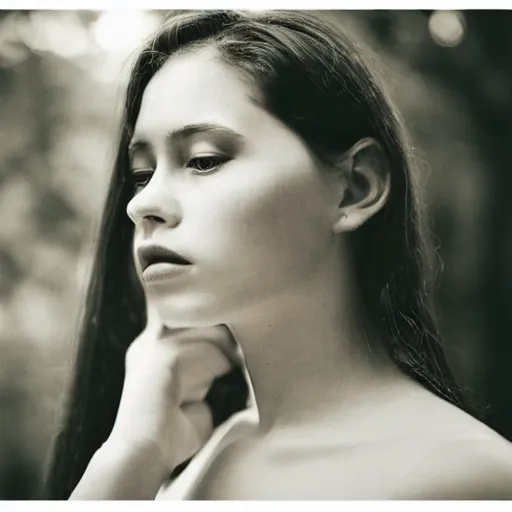 Prompt: out of focus analog portrait of a beautiful young woman, high contrast, greyscale, depth of field, bokeh, film grain