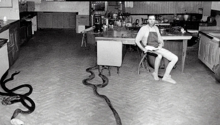 Prompt: a big snake and a man in a stalinist style kitchen, by mini dv camera, very very low quality, heavy grain, very blurry, accidental flash, webcam footage, found footage, security cam, caught on trail cam