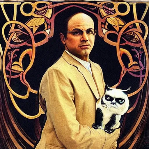 Image similar to “ george costanza from seinfled holding grumpy cat, art nouveau, gold - leaf, by alphonse mucha ”