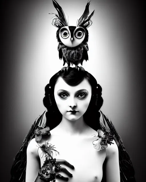 Image similar to surreal mythical dreamy dark artistic black and white fine art 3 / 4 fashion portrait photo of a young beautiful delicate female robot - witch - owl with orchid - doll face, rim light, cinematic, studio dramatic light, poetic, masterpiece, octane render, 8 k, photo - realistic by gustave dore dora maar