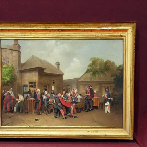 Prompt: painting of English pub, people drinking beer, 1800's