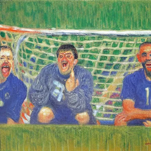 Image similar to monet painting of a man watching a soccer game, he is laughing deliriously, highly detailed, realistic,