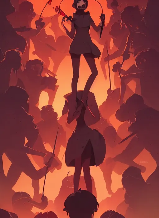 Prompt: angry mob with pitchforks, in the style of artgerm, gerald brom, atey ghailan and mike mignola, vibrant colors and hard shadows and strong rim light, plain background, comic cover art, trending on artstation