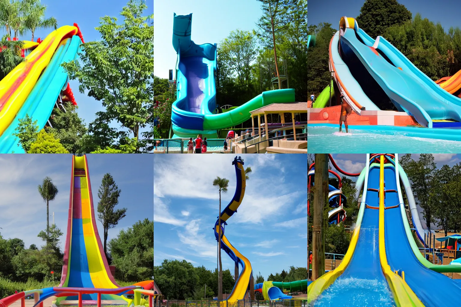 Prompt: very tall and dangerous water slide at a water park, liminal, focal length: 35mm