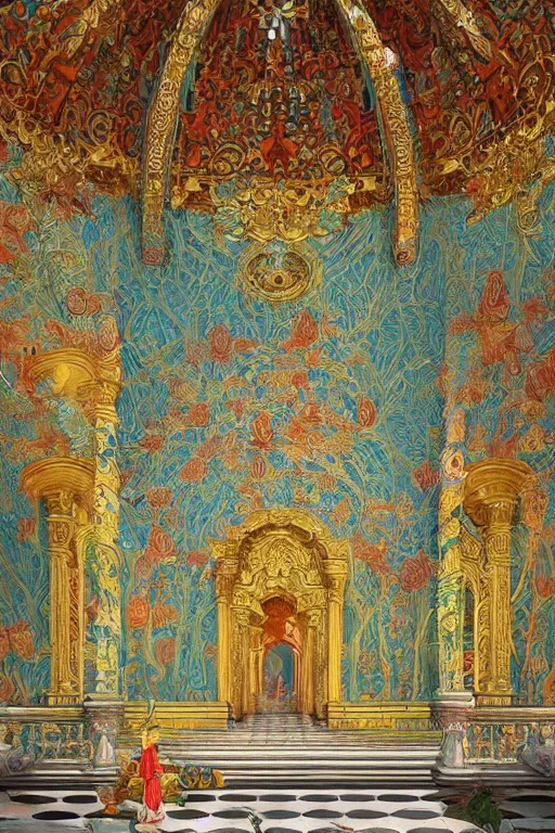 Image similar to glorious painted temple of the forest, by Sylvain Sarrailh and Ludwig Deutsch and Rudolf Ernst and edmund dulac, dramatic cinematic lighting , beautiful colorful tilework, ornate architecture, smooth, sharp focus, extremely detailed