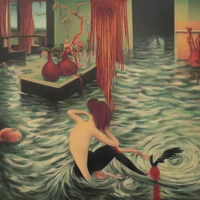 Image similar to tall emo artist in her flooded apartment, painting of flood waters inside an artist's home, a river flooding indoors, pomegranates, pigs, ikebana, zen, water, octopus, river, rapids, waterfall, black swans, canoe, berries, acrylic on canvas, surrealist, by magritte and monet