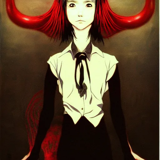 Image similar to yoshitaka amano blurred and dreamy realistic three quarter angle horror portrait of a sinister young woman with short hair, horns and red eyes wearing office suit with tie, junji ito abstract patterns in the background, satoshi kon anime, noisy film grain effect, highly detailed, renaissance oil painting, weird portrait angle, blurred lost edges