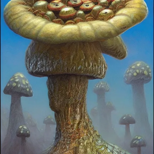 Image similar to giant humanoid mushroom monster, fantasy D&D character, portrait art by Donato Giancola and James Gurney, digital art, trending on artstation