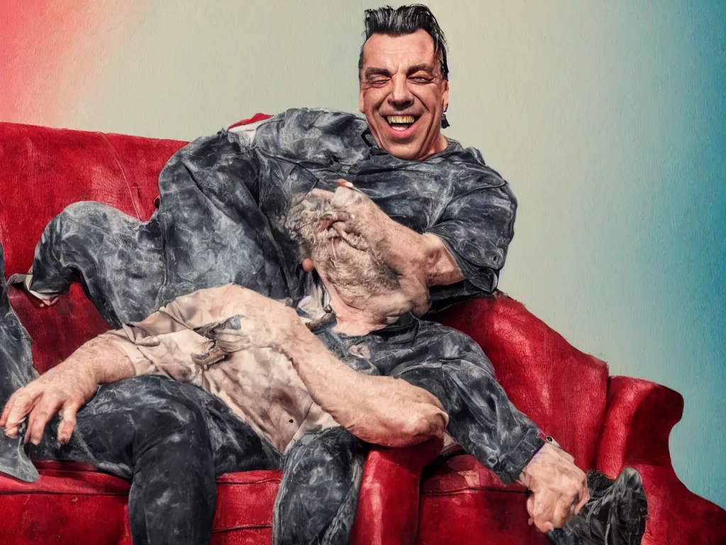 Image similar to extremely detailed digital painting of till lindemann sits on the couch with grandmother and laughing, stunning scene, 4 k, realism, bright colors, trending on artstation