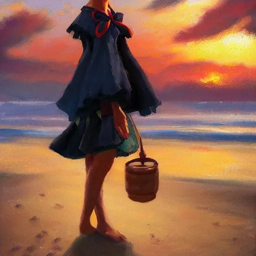 Image similar to Beautiful portrait of Kirisame Marisa at sunset on the beach, touhou project, ZUN, sold at an auction, oil on canvas, official artwork, trending on artstation, in the style of Antoine Blanchard, wide strokes