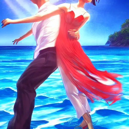 Image similar to semi realistic portrait Salsa Dancing inside clear blue ocean water in blade and soul spinoff by Hyung-tae Kim and by Artgerm Lau , color overlay, rim light and highlights , Gesture draw, Salsa Social Dance, couple, Salsa tricks, WLOP, Hyung-tae Kim, Rossdraws, Gesture draw, James Jean, Andrei Riabovitchev, Marc Simonetti, and Sakimichan, trending on artstation