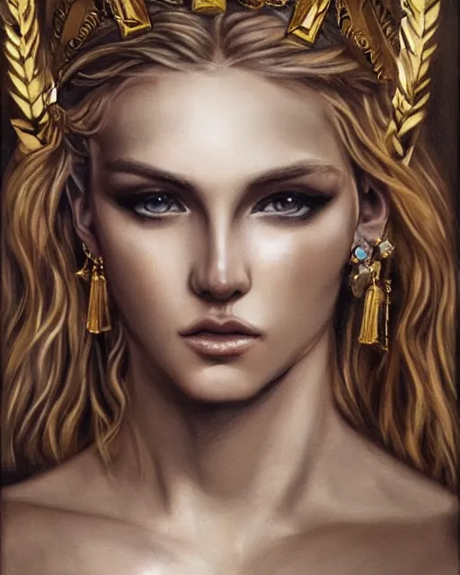 Image similar to tattoo sketch of blonde super model aphrodite greek goddess wearing a gold laurel wreath and triangle earrings, beautiful piercing gaze with sharp pupils, in the style of greg rutkowski, fantasy, amazing detail, epic, elegant, smooth, sharp focus, front view