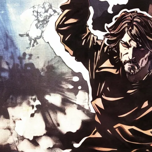 Image similar to jesus in a jojo pose, artwork by yoji shinkawa and shinkiro