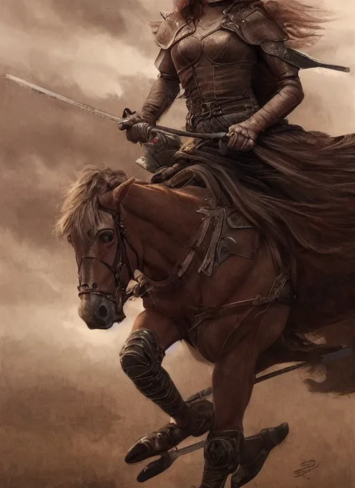 Image similar to angry Maisie Williams leading the charge on horse as a ruggedly muscled handsome heroine, intricate, elegant, highly detailed, centered, digital painting, artstation, concept art, smooth, sharp focus, illustration, artgerm, donato giancola, Joseph Christian Leyendecker, WLOP, Artgerm, thunder storm