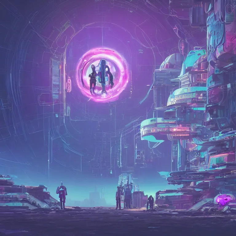 Prompt: a circle portal structure floating in outer - space, cyberpunk, epic surrealism, indigo, purple, cyan, detailed digital matte painting in the style of simon stalenhag and painting by ralph mcquarrie