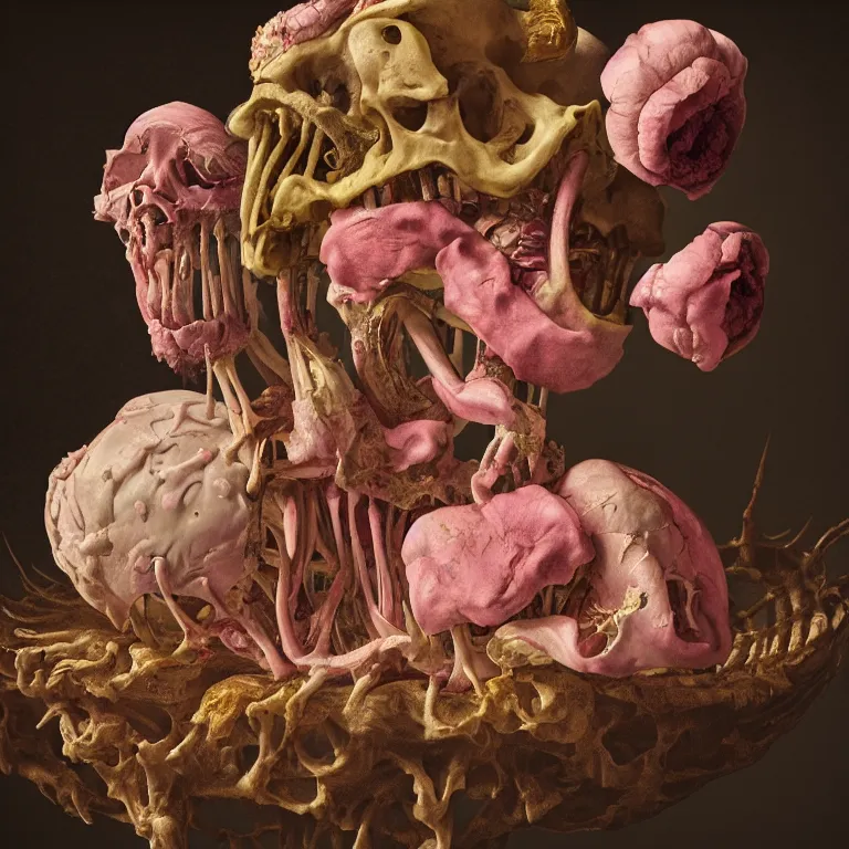 Image similar to still life of rotten flesh, beautiful pastel flowers, human spine, colorful mold, baroque painting, beautiful detailed intricate insanely detailed octane render, 8K artistic photography, photorealistic, chiaroscuro, Raphael, Caravaggio