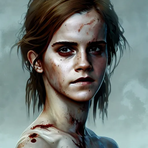 Image similar to Emma Watson as zombie from Dead Island 2 , highly detailed, digital painting, artstation, concept art, sharp focus, illustration, art by greg rutkowski and alphonse mucha