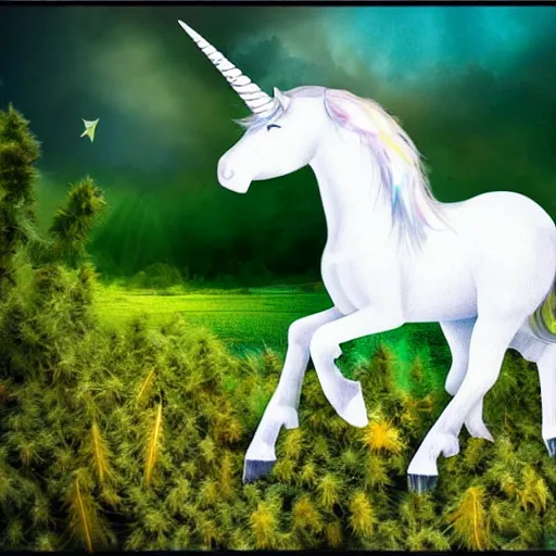 Image similar to a iridescent unicorn with wings eating in a field of marijuana, wildlife photography, 8 k, highly detailed