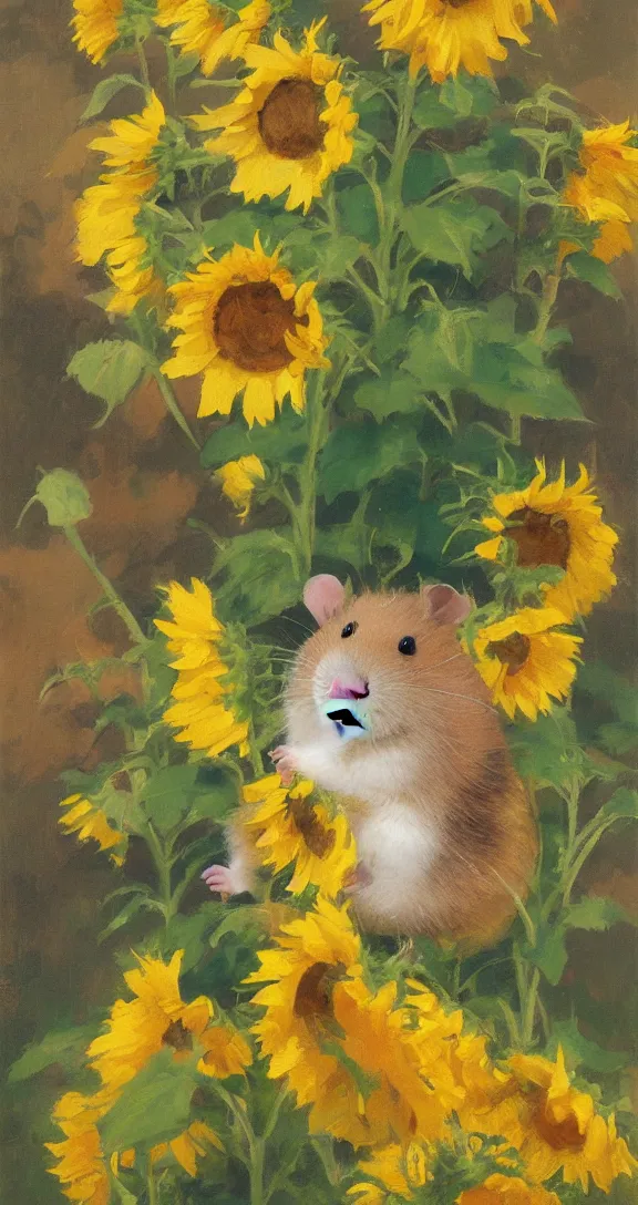 Image similar to a highly detailed beautiful portrait of a cute little hamster surrounded by beautiful sunflowers, by gregory manchess, james gurney, james jean