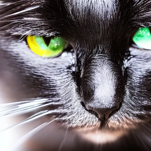 Prompt: a photo of an angry black cat covered in glitter, highly detailed, photorealistic, f 2. 8, in - frame