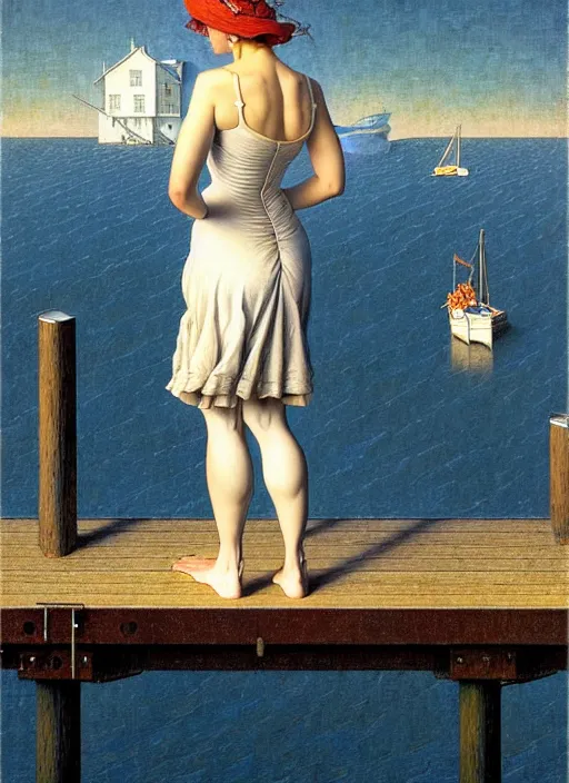 Prompt: a fancy beautiful young lady standing on a wharf at the edge of the sea by rob gonsalves and brom and gil elvgren and george petty and jean delville and william blake and norman rockwell, crisp details, hyperrealism, high detail, high contrast, low light, grey mist, cobblestones, dim lantern