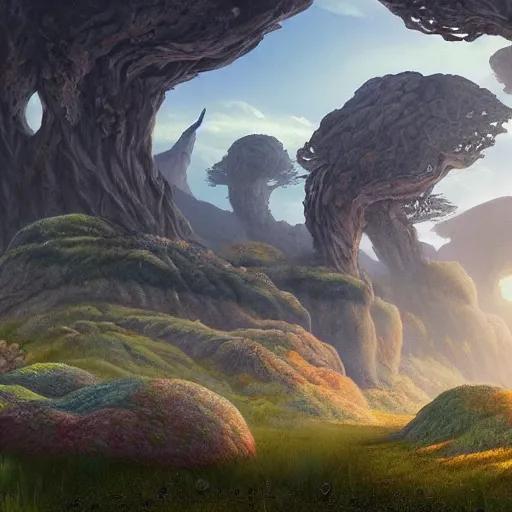 Image similar to large landscapes from another world, beautiful depiction, very detailed and weird fauna, enhance lighting