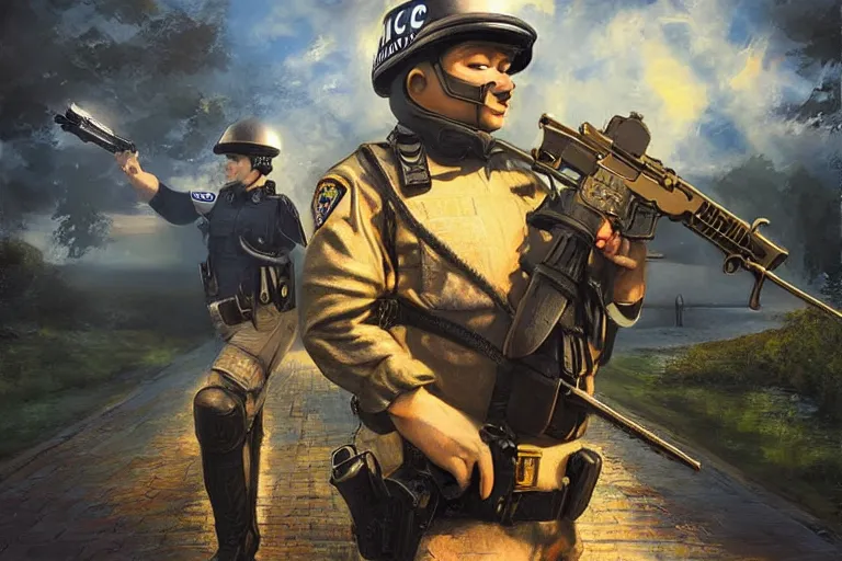 Image similar to police, fantasy, painting, ultra realistic!!!, clear weather, golden hour, sharp focus