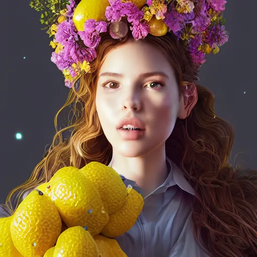 Image similar to the portrait of an absurdly beautiful, graceful, elegant, sophisticated, young teen girl made up of lemons looking up, an ultrafine hyperdetailed illustration by kim jung gi, irakli nadar, intricate linework, bright colors, octopath traveler, final fantasy, unreal engine 5 highly rendered, global illumination, radiant light, detailed and intricate environment