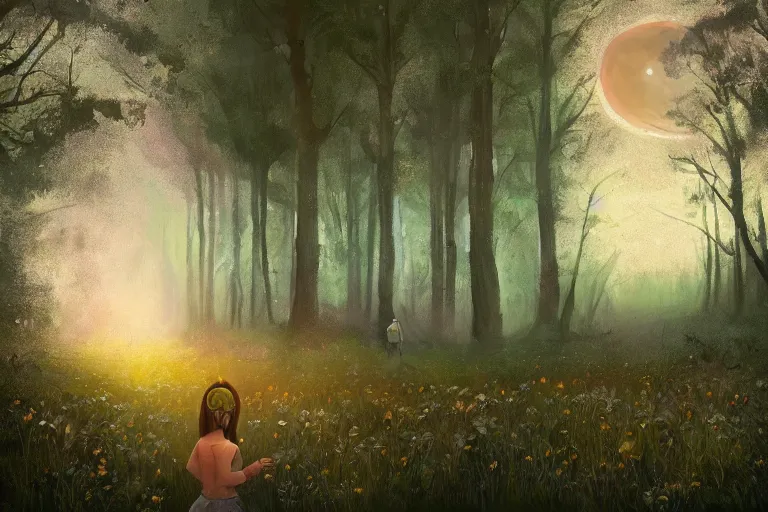 Image similar to giant daisy flower crown head, girl walking in forest, surreal photography, dark night, stars, moon light, impressionist painting, clouds, digital painting, artstation, simon stalenhag