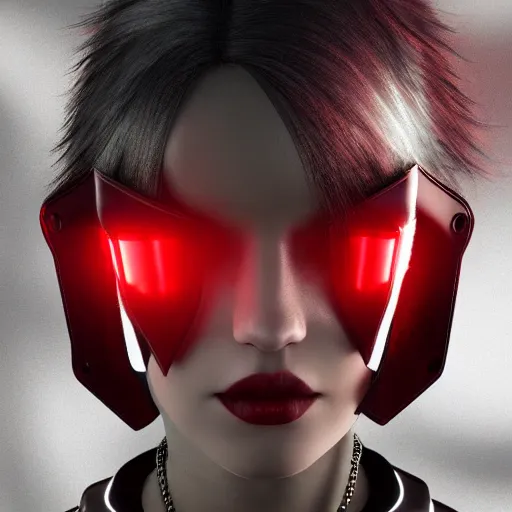 Image similar to realistic digital artwork of cyberpunk female wearing thick leather and steel collar, 4K, red highlights, symmetrical,