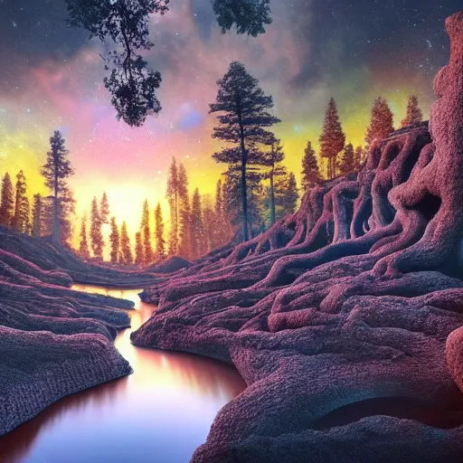 Prompt: a scene from another planet with trees made out of water and with cold lava lakes at the edge of the universe, high resolution photo, hyperrealistic art by jason de graaf, wide angle, digital painting, meadow-like scenery, 4K, HDR