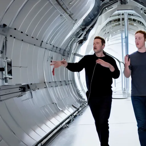 Prompt: elon musk showing mark zuckerberg mark's long last eyebrows. cinematic 8 k, depth of field