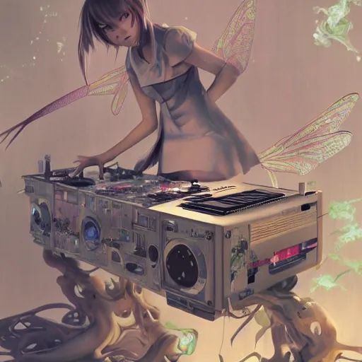 Image similar to surreal gouache painting, by yoshitaka amano, by ruan jia, by Conrad roset, by good smile company, detailed anime 3d render of transparent resin egg with a magical dragonfly inside. Surrounded by a big DJ Mixer, deck, portrait, cgsociety, artstation, rococo mechanical and Digital and electronic, dieselpunk atmosphere