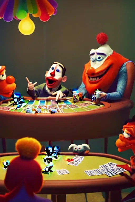 Image similar to pixar serious people playing poker, an angry clown is sitting at the table, screaming | glamorous oily soft polished rich ornate modern | weta disney pixar movie still photo | hi - fructose, sci fi fantasy, smooth, octane render, sharp focus, artstation, concept art | artgerm, mucha, rutkowski, feng zhu, wlop, loish