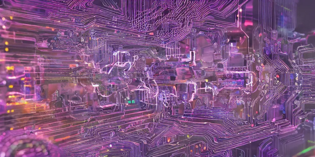 Image similar to a complex mysterious machine made from circuits, transistors, led, wire, macro photography, translucent pastel panels, smooth stylized shapes, embedded in clear epoxy, macro, overlapping layers, hyper - realistic vfx render