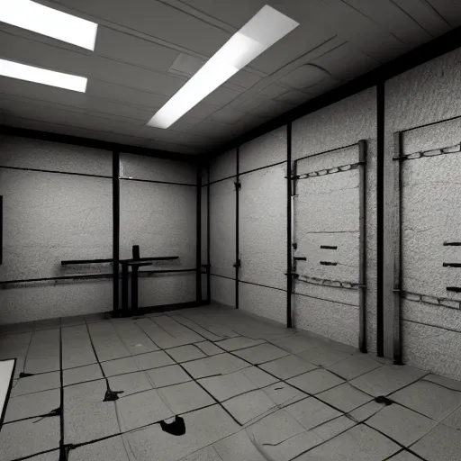 Prompt: a jail cell with restraints on the walls, futuristic, horror, disturbing, creepy