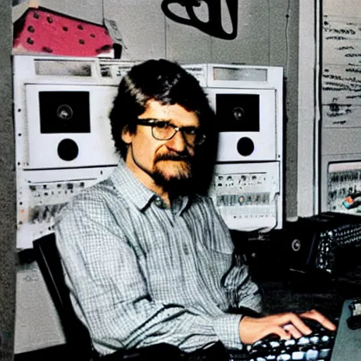 Prompt: Ted Kaczynsky firing computers, technicolor 70's