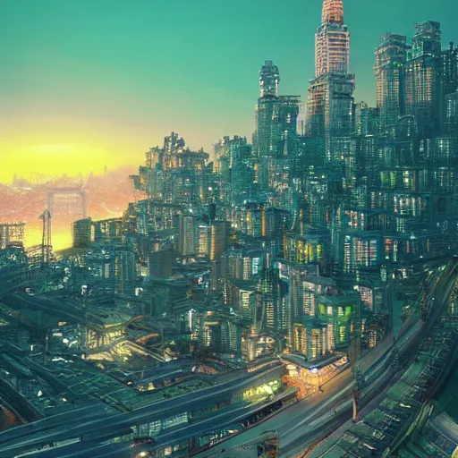 Prompt: A beautiful hyper realistic detailed matte 3D painting of Japanes mega city on a mountain at night by Mike Winkelmann, István Sándorfi, Piotr Fox Wysocki, unreal engine, octane render, super wide angle, featured on behance, Trending on artstation, good focus, pinterest.