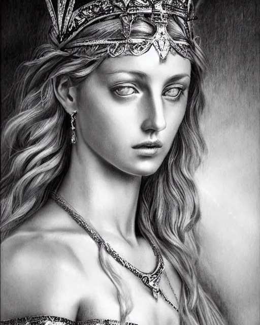 Prompt: pencil drawing of a beautiful greek goddess aphrodite wearing a greek goddess headpiece and arrowhead earrings, beautiful piercing eyes with sexy look, beautiful blonde hair, hyper realistic face, in the style of greg rutkowski, fantasy, amazing detail, epic, elegant, smooth, sharp focus, from the front