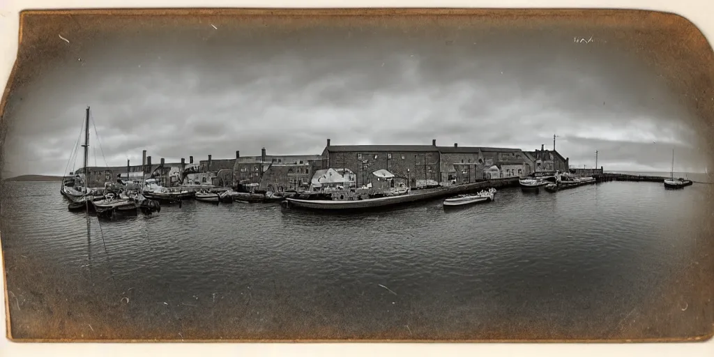 Prompt: a fish-eye lens tintype photograph of the harbour at Stromness orkney