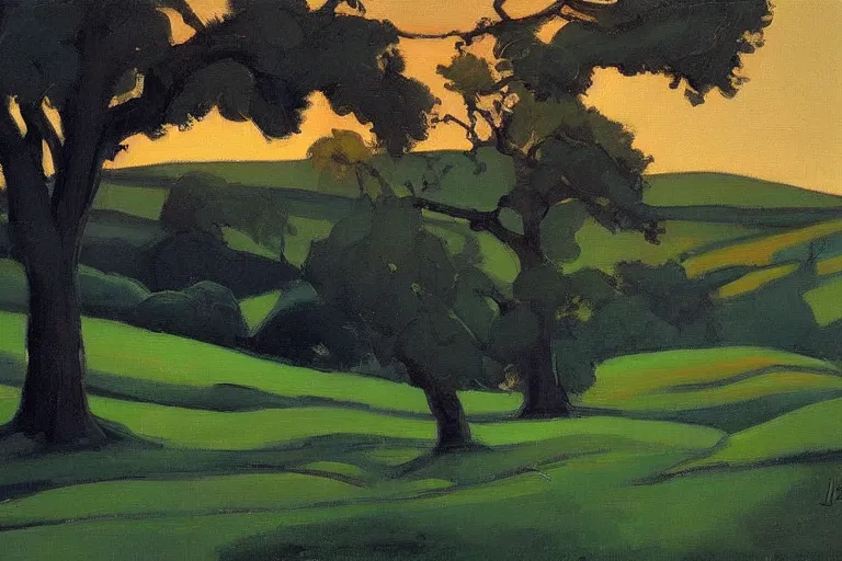 Prompt: masterpiece painting of oak trees on a hillside overlooking a creek, dramatic lighting, by john watkiss